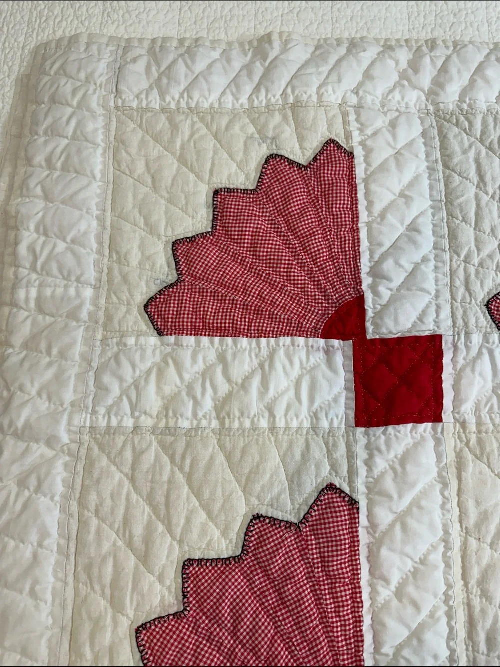 Quarter Fan Vintage Handmade Red White Gingham Patchwork Quilt - Picture 6 of 7